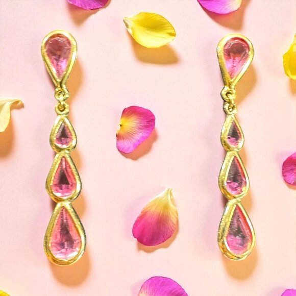 Vintage Monet Gold-Tone Pink Teardrop Dangle Earrings - Picture 9 of 11
